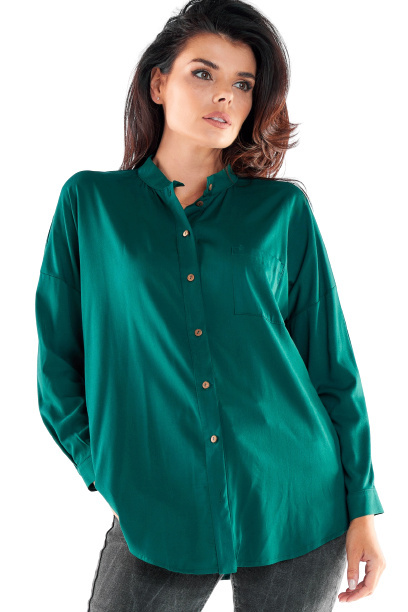 Koszula damska z wiskozy ze stójką rozpinana długi rękaw zielona